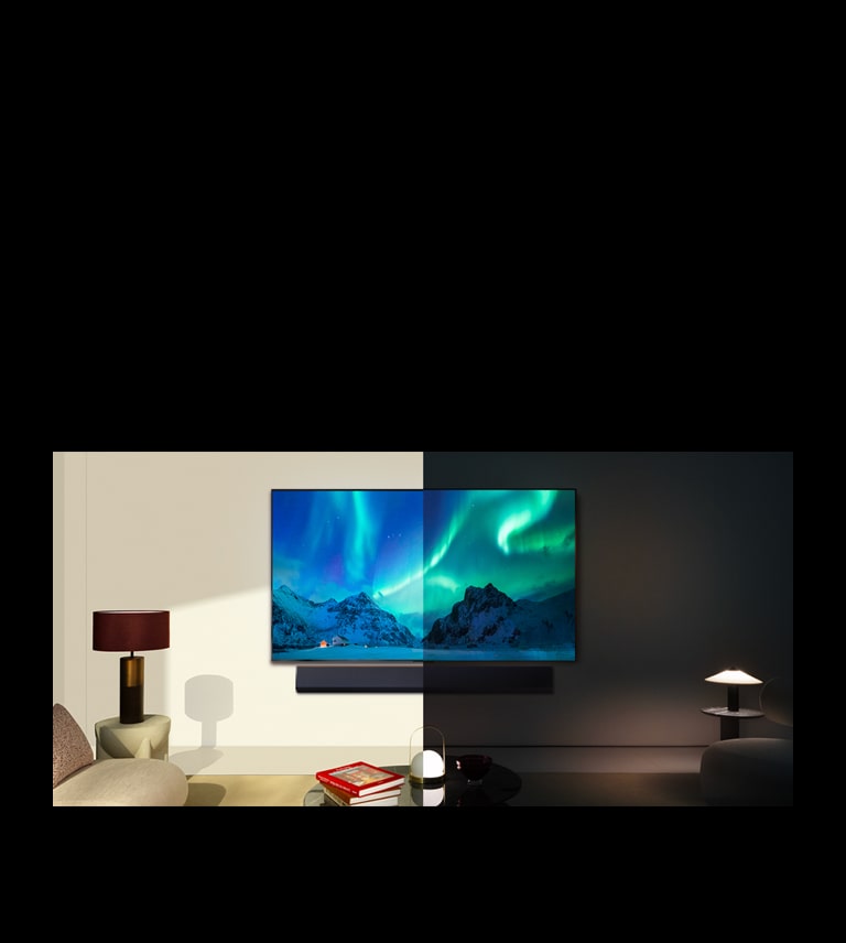 Et LG AI TV er monteret p? v?ggen i en stue, og billedet er opdelt i to for at vise et lyst rum til venstre og et m?rkt rum til h?jre. Linjen i midten, som opdeler billedet, ruller til venstre for at vise, hvordan TV'et tilpasser sig det m?rke rum, og derefter til h?jre for at vise, hvordan TV'et tilpasser sig det lyse rum for endelig at rulle tilbage til midten.