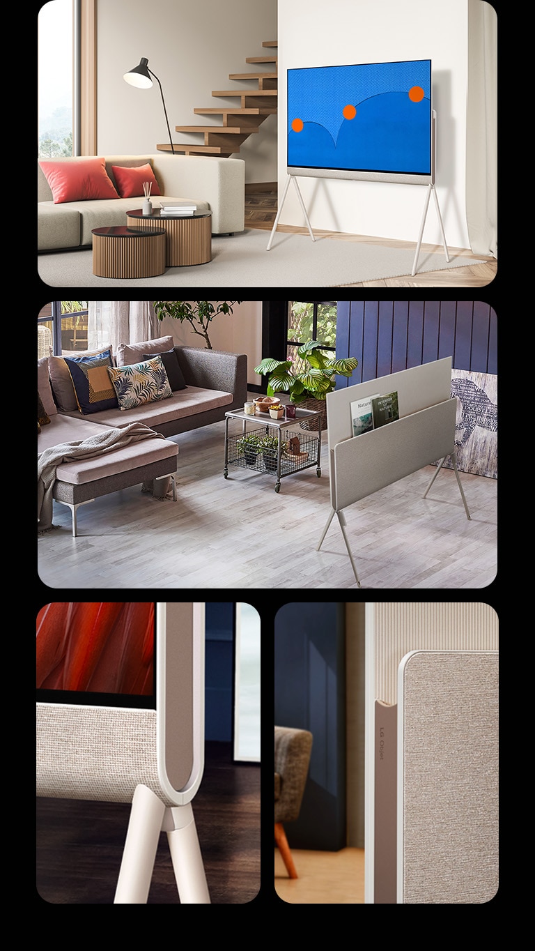LG OLED Posé set forfra i et hjem med hvidt tr?, hvor det viser farverig minimalistisk kunst.  LG OLED Posé set bagfra i et hjem med retrofarver, hvor der ligger en grammofonplade i mediereolen bagved.   To forskellige sidebilleder af et vinklet n?rbillede af LG OLED Posé, der viser hvor afrundede dets kanter er samt en reol bagved.