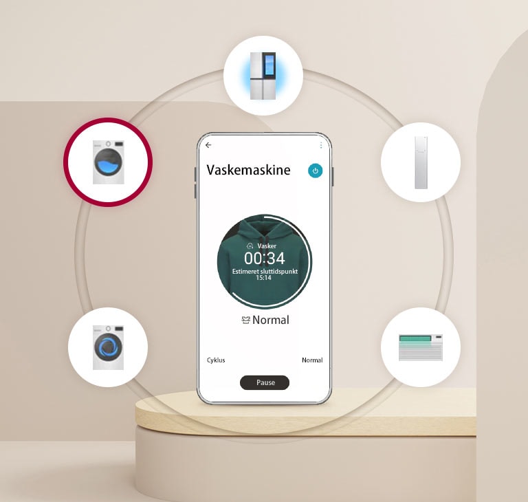 Der er en mobiltelefon p? det runde gulv i den beige baggrund, og der er et billede af husholdningsapparater i seks runde cirkler med mobiltelefonen i midten
