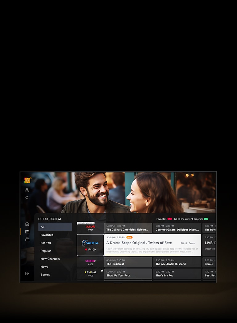 Et LG TV med en overlejring af TV-programoversigten, der vises over det TV-show, der vises p? TV'et. 