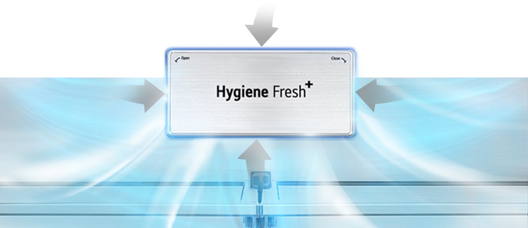 Pure N Fresh? er fremh?vet, og en gr? pil, der repr?senterer stank, suges ind i Hygiene Fresh+, og ren, kold luft spredes ud.