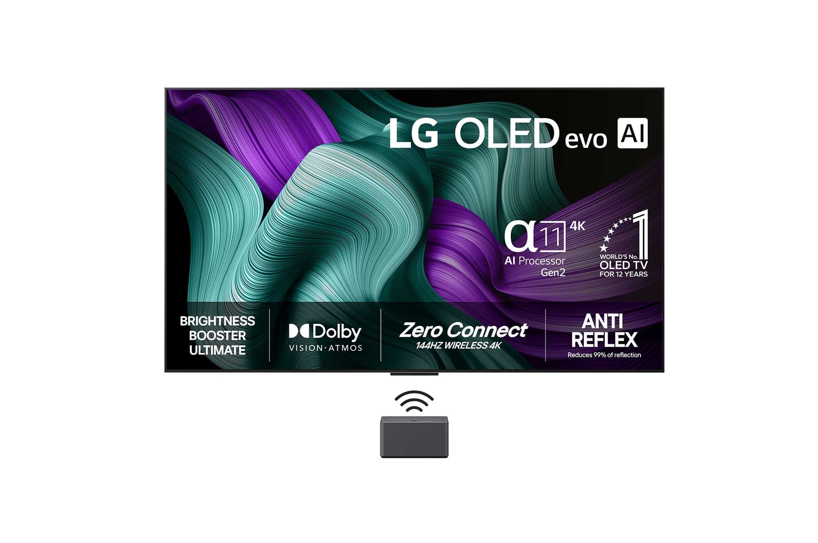 Visning forfra af LG OLED M5 TV. P? sk?rmen er der et emblem for 12 ?r som nummer 1 OLED i verden og logo for LG OLED evo AI 2025. En Zero Connect Box i hj?rnet med titlen “Zero Connect Box med tr?dl?s video- og lydoverf?rsel i 4K 144 Hz”