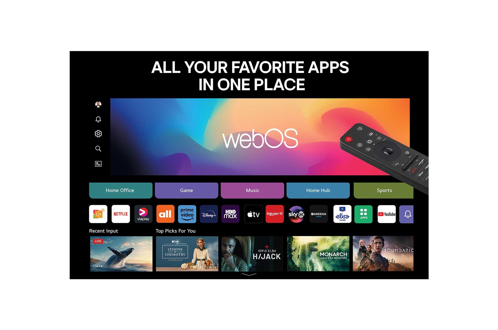 LG OLED M5 TV, som viser et spil der spilles, hvilket illustrerer det glatte og gnidningsfri gameplay. En Zero Connect Box ses, som passer godt ind i rummet. Gaming-certificeringer er synlige. Tekst fort?ller om 120 Hz tr?dl?s gaming med superhurtig respons og lav forsinkelse.