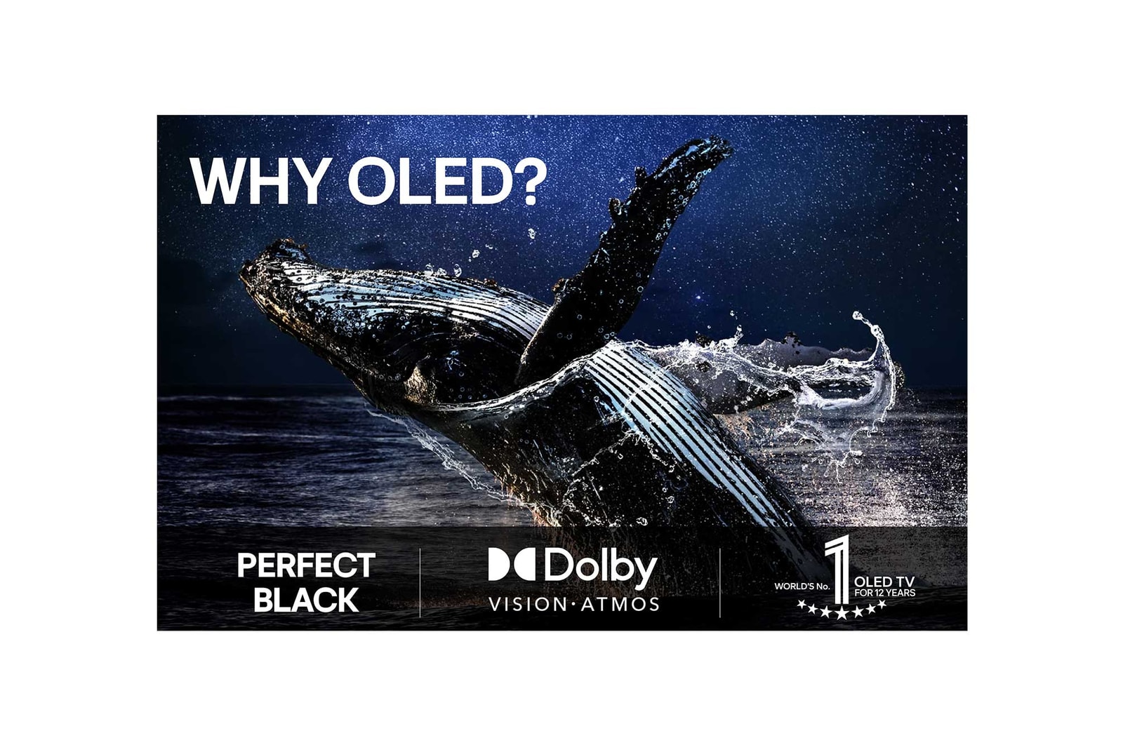 Stue med et v?gmonteret LG OLED TV. P? TV'et ses en bjergk?de mod en m?rk nattehimmel fyldt med stjerner. Denne scene er opdelt i to for at vise, hvordan Perfekt sort leverer ?gte sorte niveauer, uanset om der er lyst eller m?rkt omkring dig. Den ene side viser en mere mat og gr? version af landskabet, som er m?rket “Ikke Perfekt sort sk?rm”. P? den anden side ses et bedre billede med st?rre dynamisk omr?de for sort og hvid. Dette er m?rket “Perfekt sort sk?rm”. Logo-certificering er ogs? synlig, perfekt sort teknologi leverer sorte niveauer under eller lig med 0,24 nit op til 500 lux. En tekstboble ved siden af siger, kontroller certificeringsm?rket for Perfekt sort.