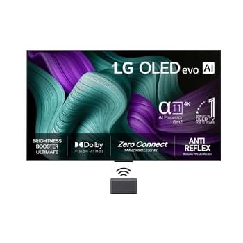 Visning forfra af LG OLED M5 TV. P? sk?rmen er der et emblem for 12 ?r som nummer 1 OLED i verden og logo for LG OLED evo AI 2025. En Zero Connect Box i hj?rnet med titlen “Zero Connect Box med tr?dl?s video- og lydoverf?rsel i 4K 144 Hz”