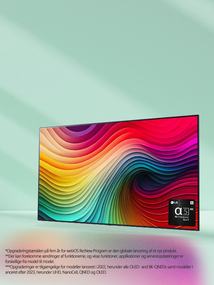 Et billede af LG NanoCell p? en mintgr?n baggrund med kunst, som forestiller flerfarvede hvirvler og et billede af α5 AI Processor Gen 7 i nederste h?jre hj?rne. Der udstr?les lys, hvilket kaster farvestr?lende skygger nedenunder.	