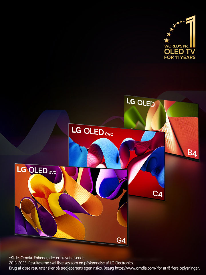 Et billede af LG OLED evo C4, evo G4 og B4 p? linje p? en sort baggrund med subtile farvehvirvler. Emblemet “Verdens f?rende OLED TV i 11 ?r” ses p? billedet. En ansvarsfraskrivelse frems?tter: “Kilde: Omdia. Enheder, der er blevet afsendt, 2013-2023. Resultaterne skal ikke ses som en p?sk?nnelse af LG Electronics. Brug af disse resultater sker p? tredjepartens egen risiko. Bes?g https://www.omdia.com/ for at f? flere oplysninger.”