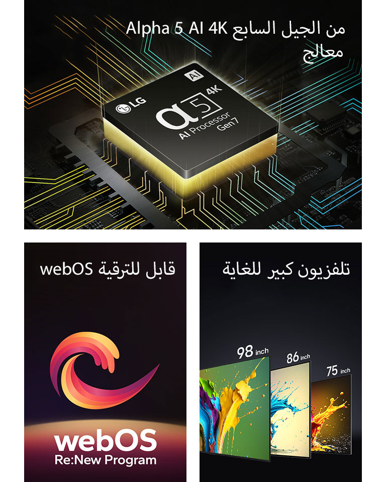 ???? ????? Alpha 5 AI 4K ????? ?????? ?? ??? ???? ????? ?? ??????. ???? ??? ?????? ???????? ?????? ??????? ????????? ??? ???????? "Upgradeable webOS" ?"webOS Re:New Program". ??? ??? ????????? LG QNED89? ?QNED90? ?QNED99 ???????? ?? ?????? ??? ??????. ???? ?? ??????? ??? ????? ????? ????? "Ultra Big TV" ??? ????? ???????.