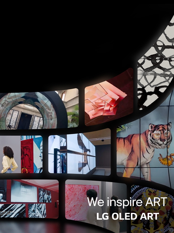 LG TVs depicting different artworks with a logo that reads “We inspire ART” and “LG OLED ART.”	