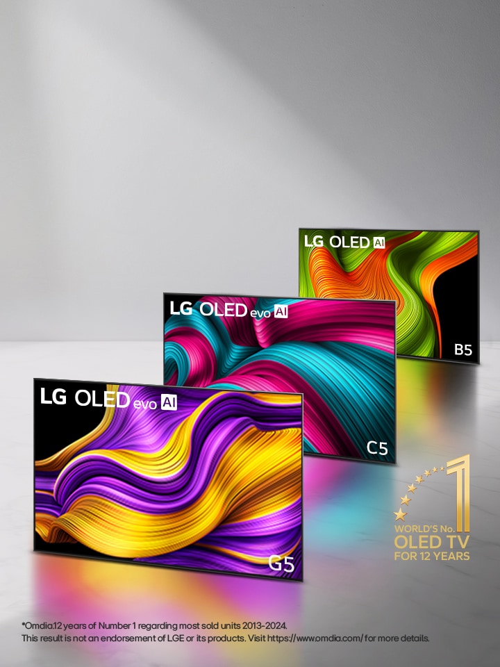 Lineup of three LG OLED evo AI TVs in formation, the C5, G5, and B5 TVs. The World’s number one OLED TV for 12 years emblem is at the corner. 	