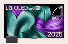 LG Wireless OLED TV featuring a colorful detailed artwork with LG OLED evo AI 2025 title and World's No. 1 OLED TV for 12 years emblem on the screen. Zero Connect Box sits at the front bottom.	