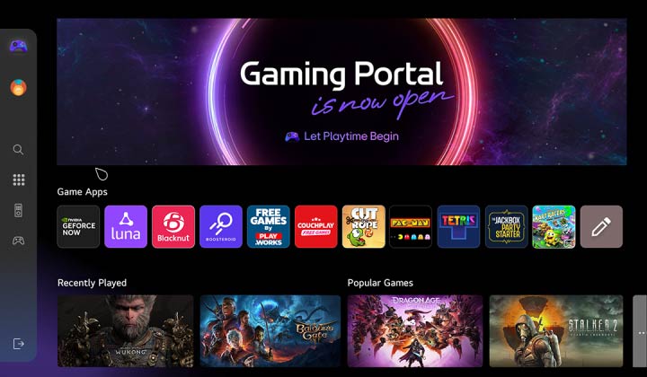 Gaming Portal home screen. Cursor moves and clicks to show many popular game titles, and the added function of being able to select games depending on the type of controller you have whether it's a game pad or the remote  control. 