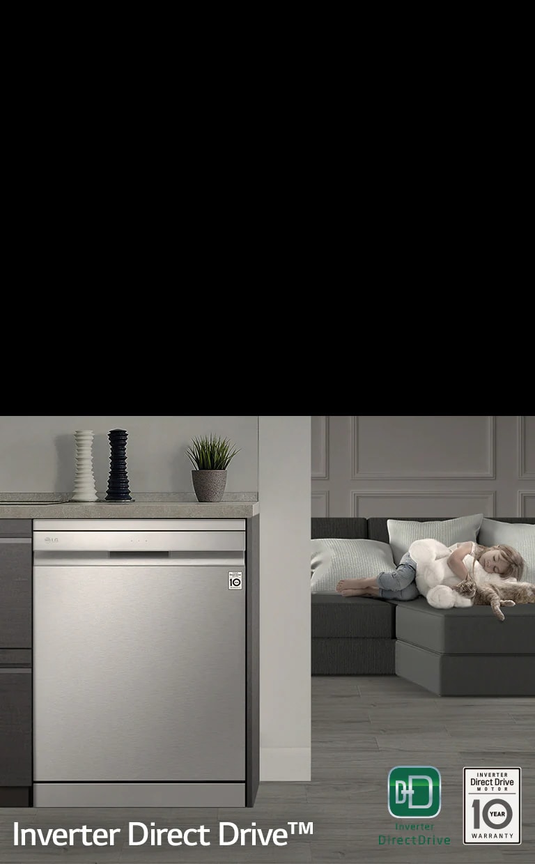  LG Inverter Direct Drive? dishwasher in a sleek kitchen, next to a couch with a child sleeping, hugging a cat.
