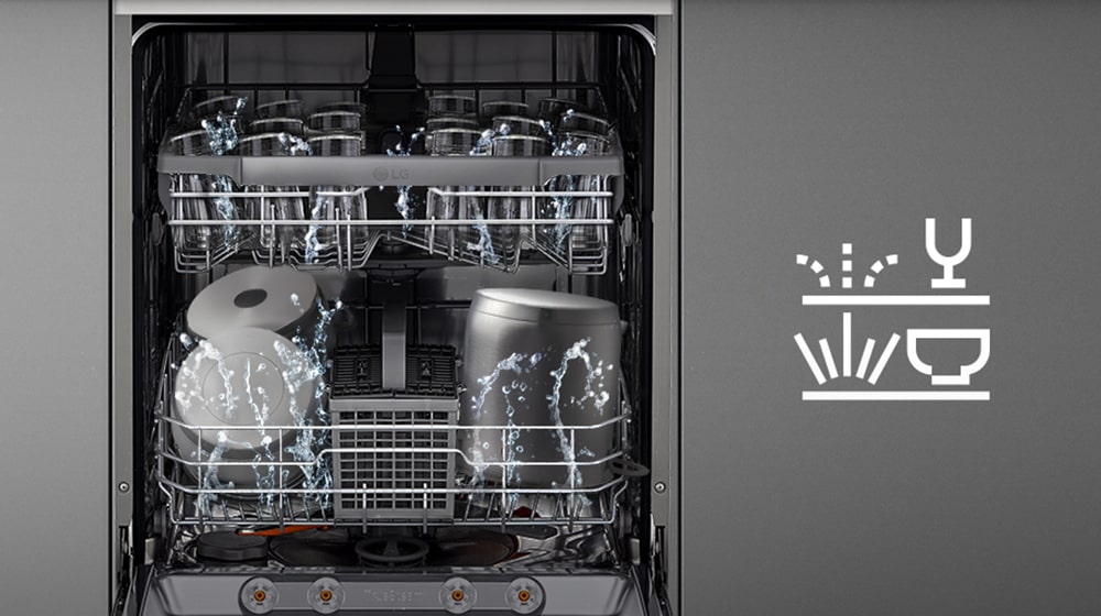 Dishwasher interior with upper rack washing gently and lower rack washing powerfully.