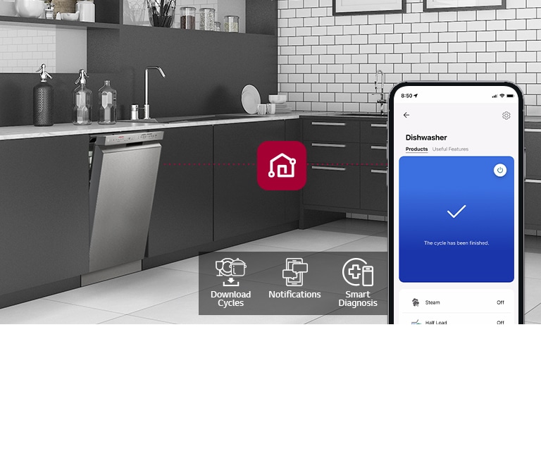 A smartphone displays LG ThinQ? in a kitchen along with 3 app features: Download Cycles, Notifications, and Smart Diagnosis.