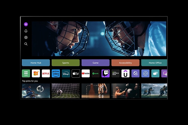 An LG TV displays My Profile. The cursor hovers over the Sports button and the text changes to 'All Sports Information'. The cursor clicks and the screen displays Sports Portal. Next, the cursor hovers over the Game button and the text changes to 'Best gaming experience'. The cursor clicks and the screen displays the Game homescreen.	