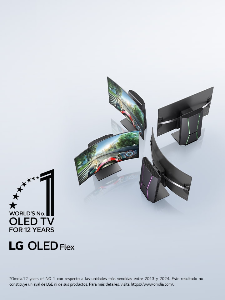Vista superior ligeramente inclinada de cuatro televisores LG OLED Flex colocados para mostrar la pantalla curva única de estos televisores. En los televisores en los que se ve la pantalla, se ve un videojuego de carreras. El distintivo ?World's No. 1 OLED TV for 12 Years? esta en la esquina. El logotipo del producto LG OLED Flex está visible.