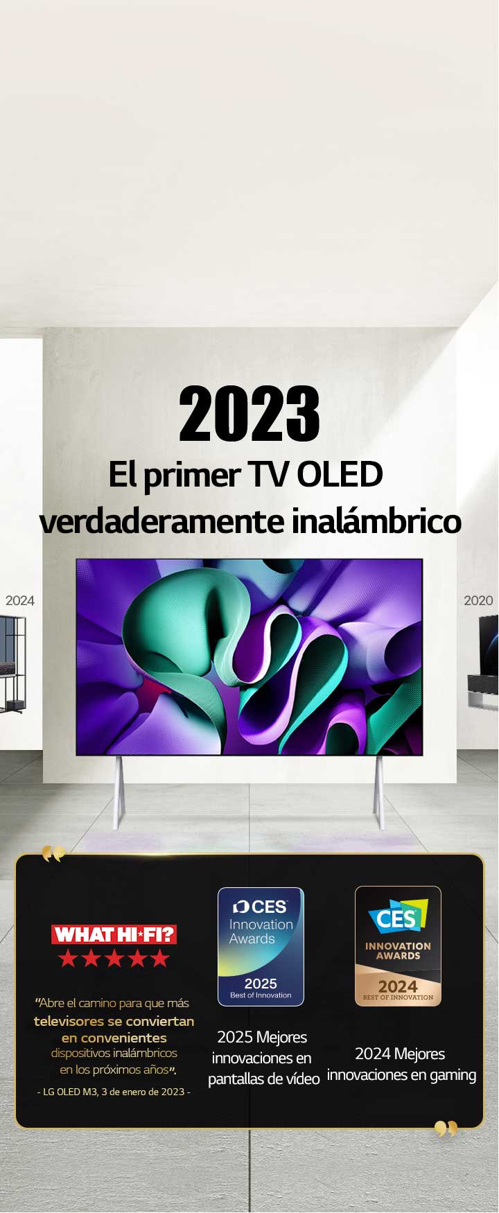LG TV. El título dice: 2023, Primer OLED TV True Wireless del mundo. Menciones de premio a su lado. Lo que abre el camino para que más televisores se conviertan en convenientes dispositivos inalámbricos en los próximos a?os. 2025 Best of Innovation en pantallas de vídeo y 2024 Best of Innovation en juegos y deportes electrónicos de CES Innovation Awards. 