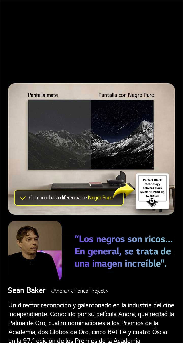 LG OLED TV montado en pared. En la pantalla se ve una cadena monta?osa contra un cielo nocturno lleno de estrellas. La pantalla está dividida por la mitad. En un extremo, etiquetado como Non Perfect Black (negro no perfecto), los colores son apagados y grises, las estrellas apenas son visibles. En el otro extremo, la pantalla etiquetada como Perfect Black (Negro perfecto), los negros son profundos y oscuros, las estrellas son brillantes y blancas, lo que da como resultado una imagen muy agradable con un alto contraste.