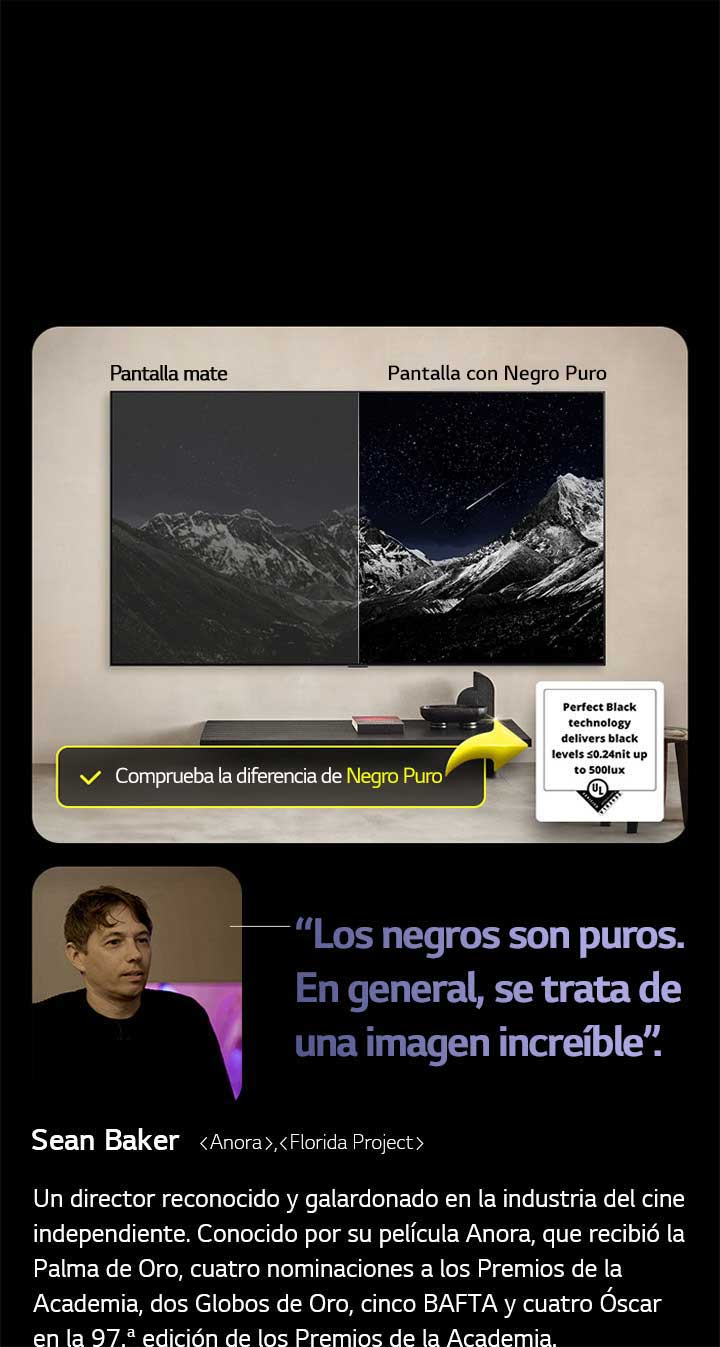 LG OLED TV montado en pared. En la pantalla se ve una cadena monta?osa contra un cielo nocturno lleno de estrellas. La pantalla está dividida por la mitad. En un extremo, etiquetado como Non Perfect Black (negro no perfecto), los colores son apagados y grises, las estrellas apenas son visibles. En el otro extremo, la pantalla etiquetada como Perfect Black (Negro perfecto), los negros son profundos y oscuros, las estrellas son brillantes y blancas, lo que da como resultado una imagen muy agradable con un alto contraste.