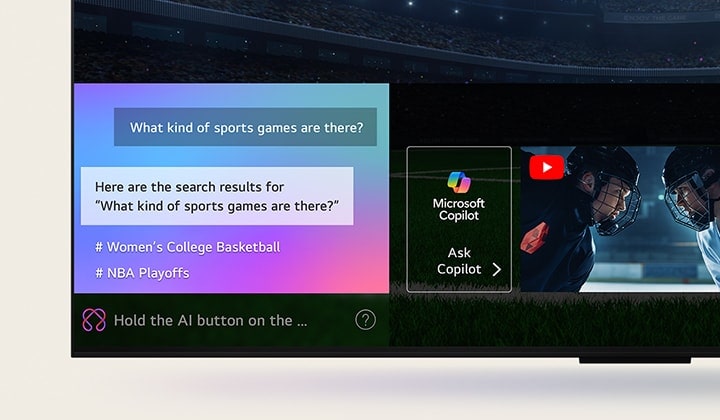 Pantalla de LG OLED TV con miniaturas de diferentes tipos de contenidos deportivos. Se ve el icono de LG AI. Se ve un texto que representa a una persona que utiliza AI Search, ?qué partidos deportivos se emiten a las 8 en punto este sábado?