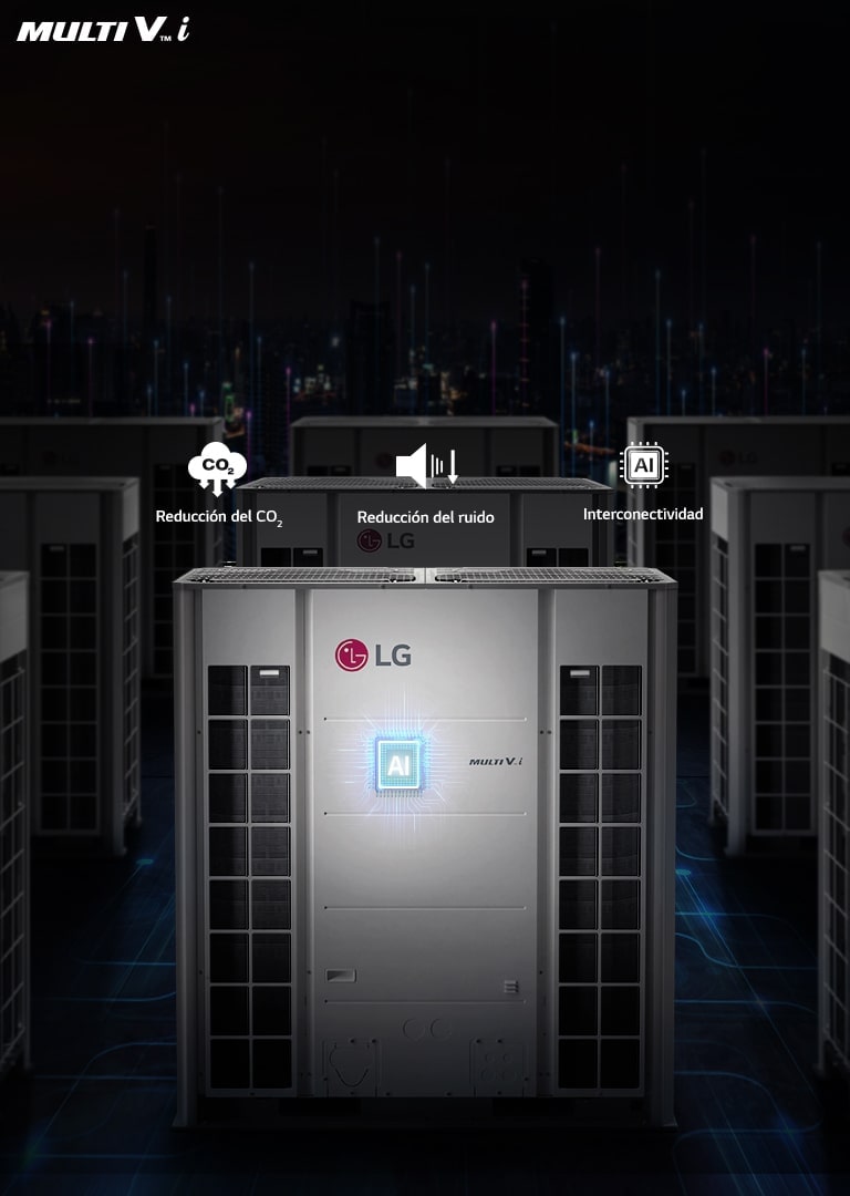 Varios MULTI V i se han instalado uno junto al otro en el techo del edificio. Los chips de IA están resaltados en el centro del producto. Junto al producto hay los iconos de ?Reducción del CO2?, ?Reducción del ruido? e ?Interconectividad?.