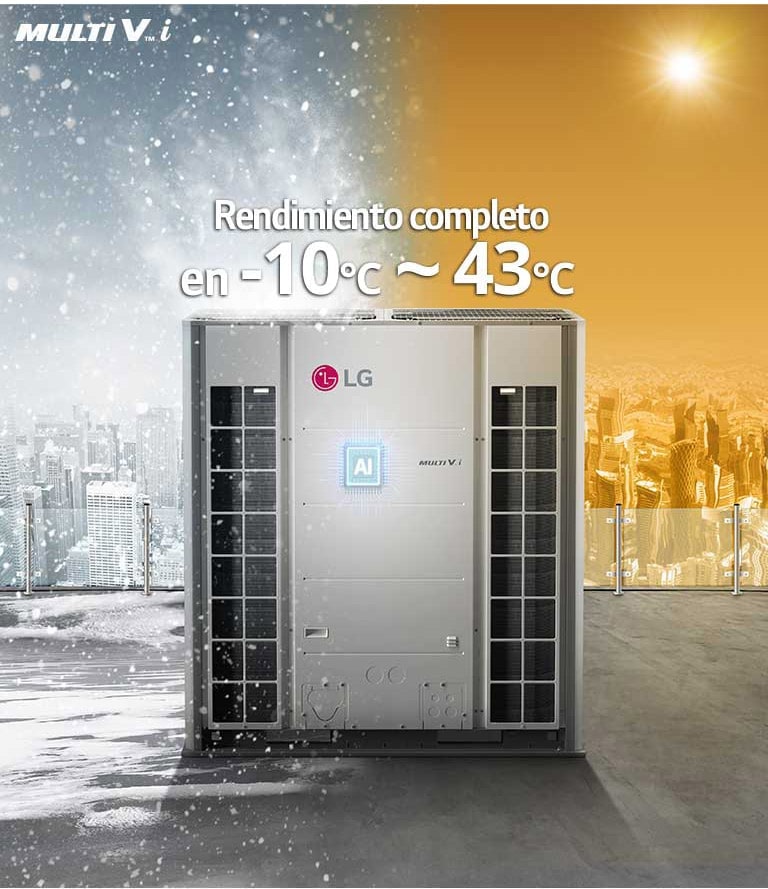 MULTI V i se ha instalado en el techo del edificio, con un clima frío de invierno y cálido de verano en el fondo. Se destaca el siguiente texto encima del producto: ?Full Performance in -10℃ to 43℃?