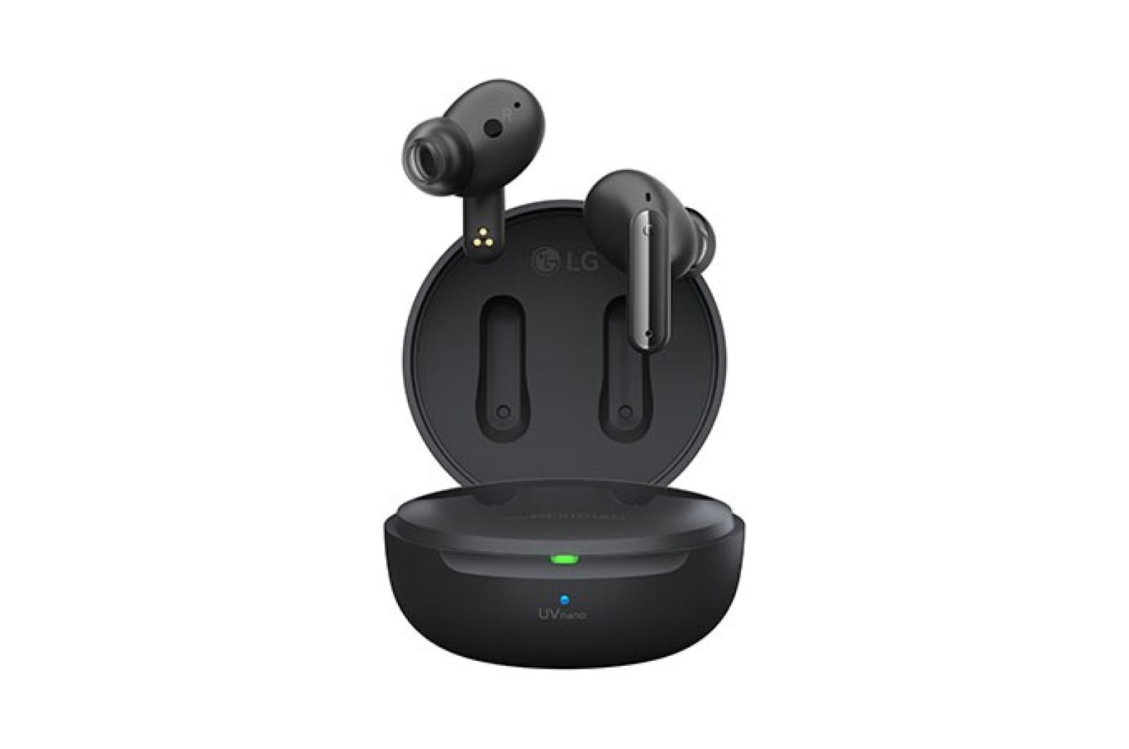 Imagen con auriculares LG TONE Free flotando sobre una base de carga abierta.