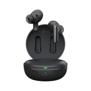 Imagen con auriculares LG TONE Free flotando sobre una base de carga abierta.