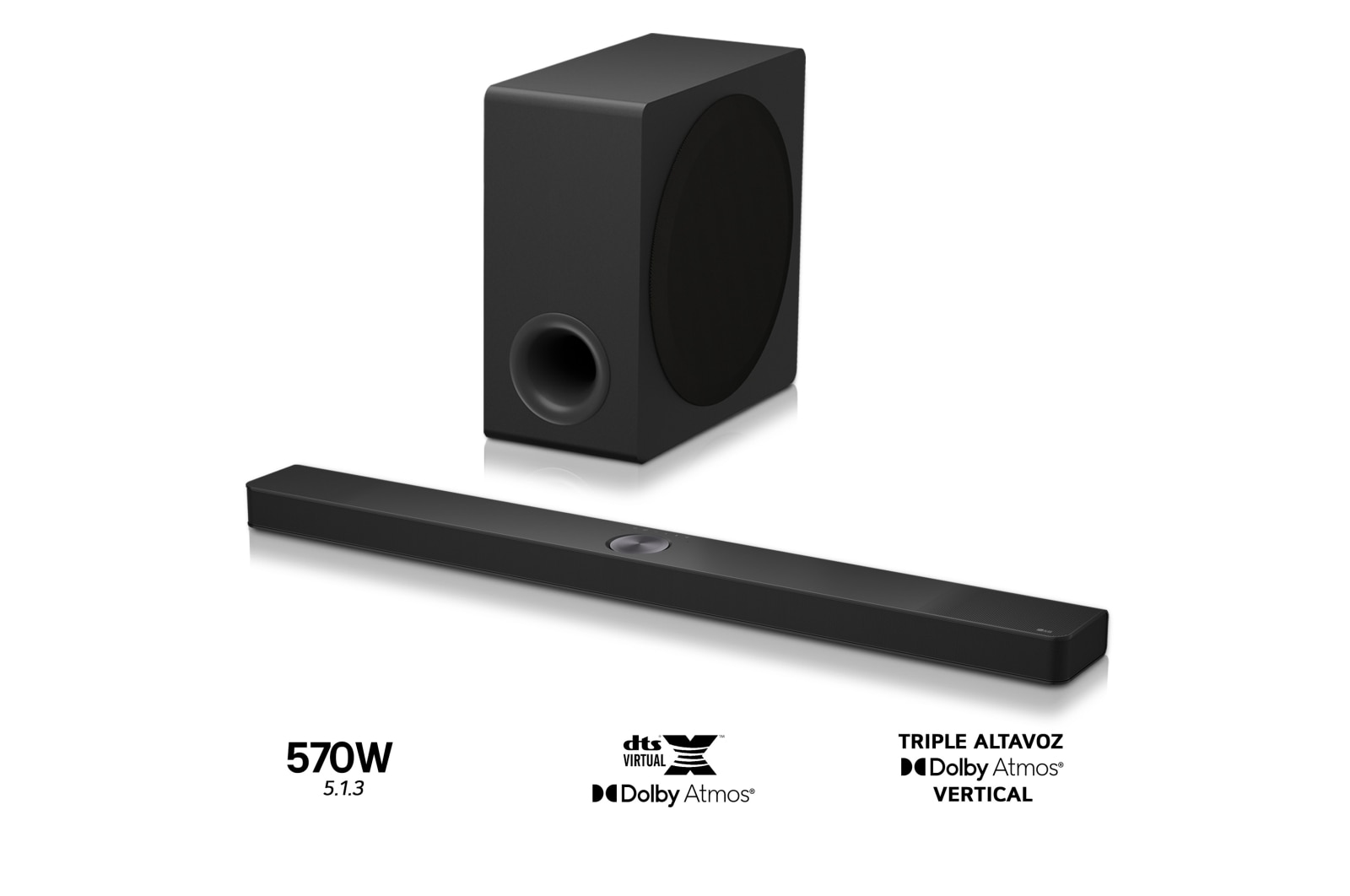 Vista en ángulo de la barra de sonido LG S90TY y el subwoofer