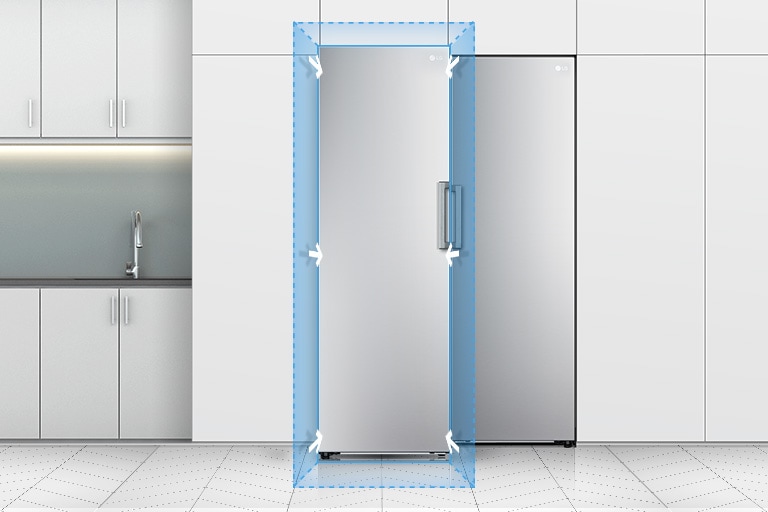 Frigorífico LG de puerta única, integrado en una cocina moderna, con dise?o de líneas limpias y acabado metálico.