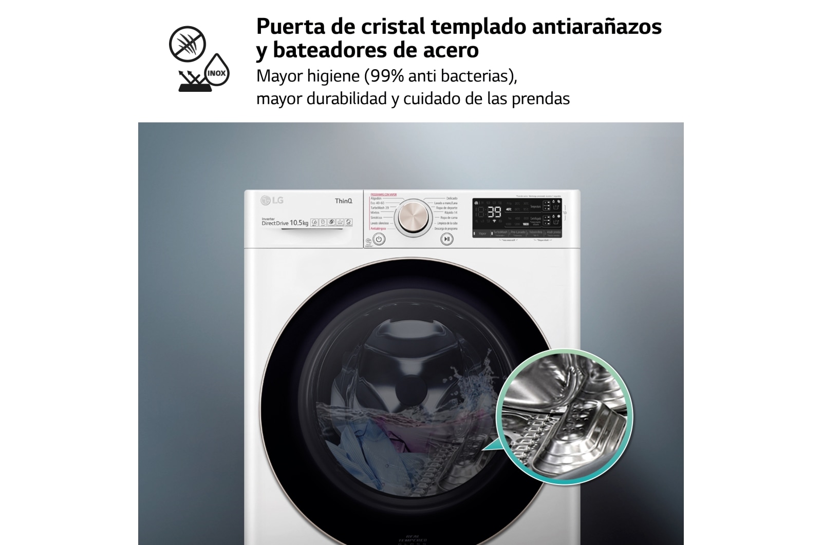 LG Lavadora inteligente  AI Direct Drive TM,<br> TurboWash 360o,  con autodosificación de detergente, 10,5kg, 1600rpm,<br> Clasificación Un 10% más eficiente que  A<br> Blanca, Serie 750, F6WV7510PRW