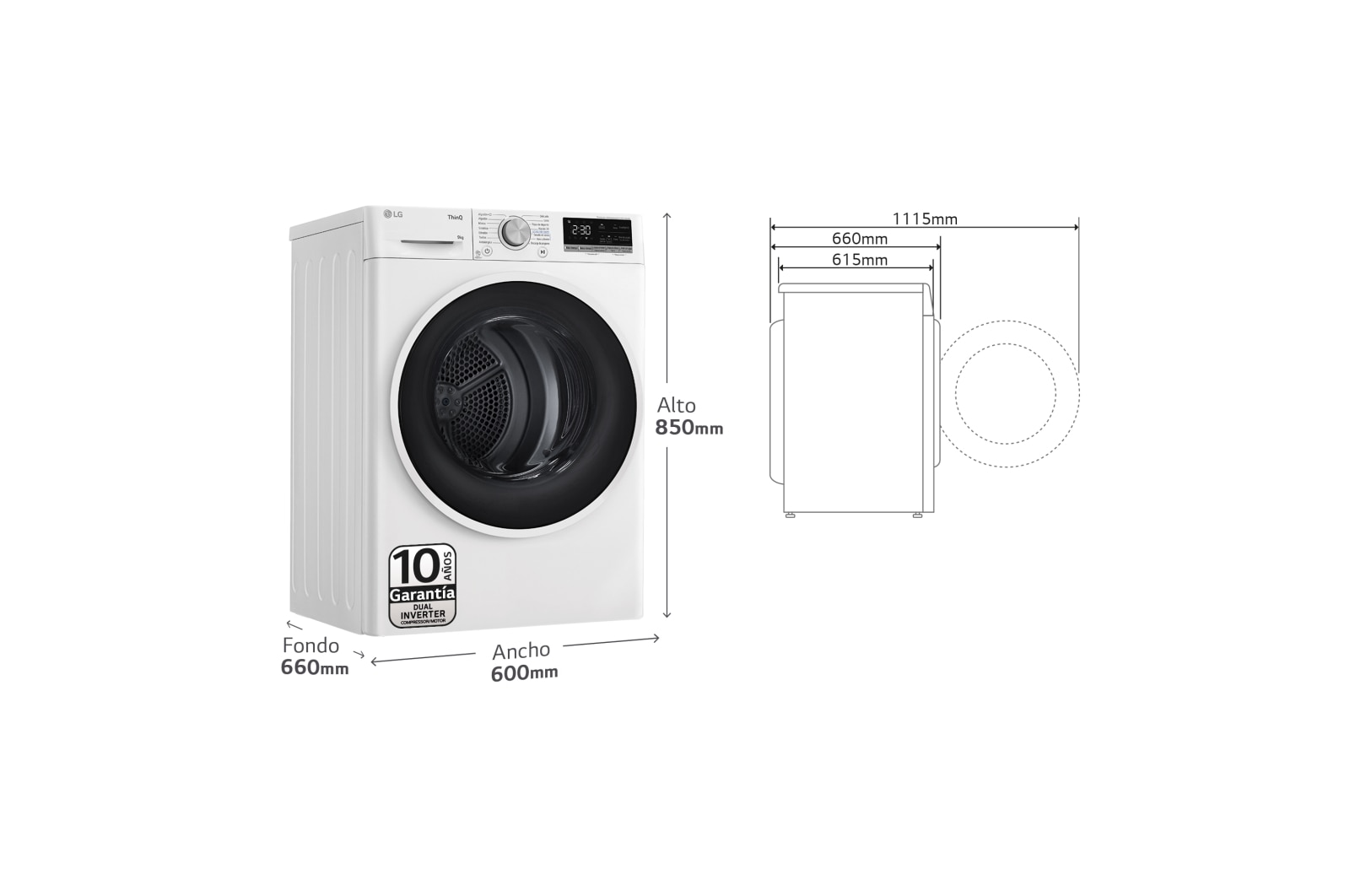 LG Secadora 9kg, C, con Bomba de calor Dual Inverter,  Blanca, Serie 500, RH90V5AV6N
