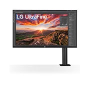 Vista frontal de Monitor QHD LG Ergo? (Panel IPS: 2560 x 1440p, 16:9, 350cd/m2, 1000:1, sRGB &gt;99%, 75Hz, 5ms); diag. 68,47cm; entradas: HDMI x2, DP x1, USB-A x2, USB-C x1 (P,D, 60W); altavoces 5W ; marcos ultrafinos, G 27QN880P-B