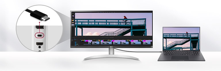 LG 29WQ600 cuenta con un puerto USB Type-C? compatible con el modo alternativo de DisplayPort. Con sólo usar un cable USB Type-C?, las se?ales de imagen DisplayPort completas se pueden transferir a un monitor externo sin cables dedicados ni adaptadores.