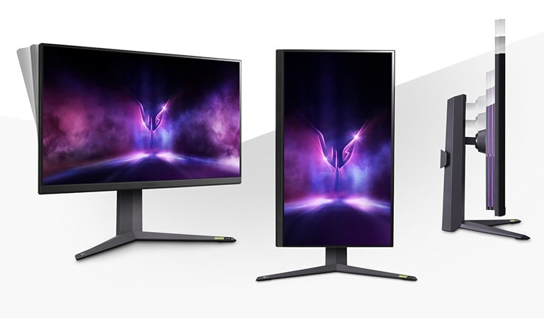 La imagen muestra e modos del monitor sin bordes en 3 lados para que los jugadores jueguen cómodamente en inclinación, ajuste de altura y giro.