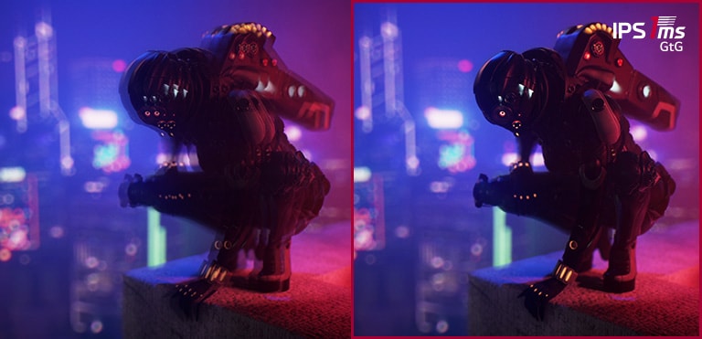 Muestra dos animaciones comparadas con un robot. Las dos animaciones parecen iguales, pero la primera no aplica 1ms(GtG) y es menos clara que otra.