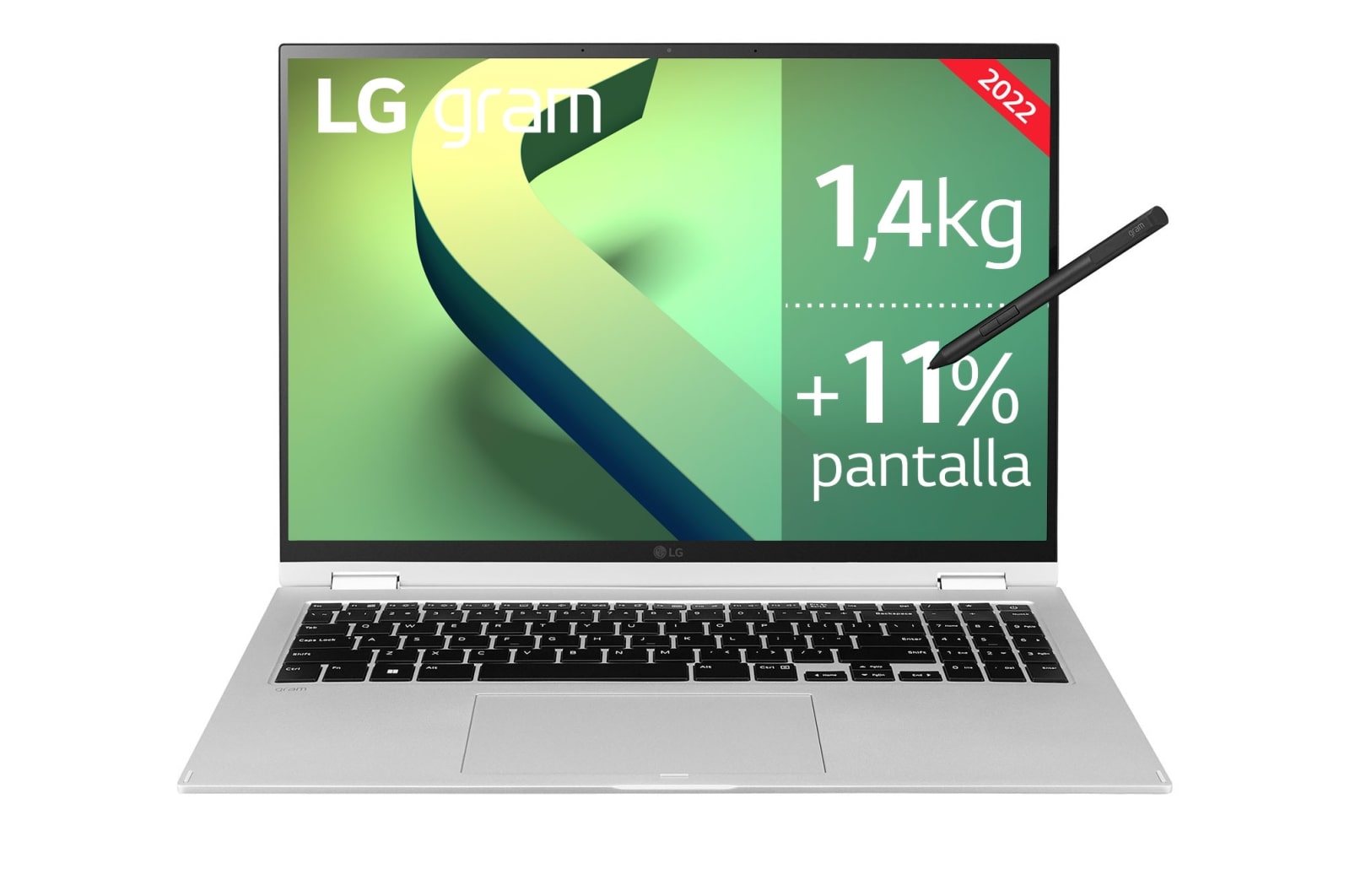 LG gram 16T90Q-G<br>Windows 11 Home - Convertible 2en1 ultraligero de 40,6cm (16") WQXGA 16:10 IPS (1,4kg, autonomía 16h, Intel EvoTM i7 12a gen., Iris Xe, 16GB RAM, 1TB SSD NVMe) Plateado - Teclado Espa?ol, 16T90Q-G.AA79B