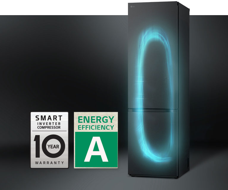 Frigorifero LG nero con porta illuminata a LED blu, efficienza energetica A e compressore inverter con 10 anni di garanzia.