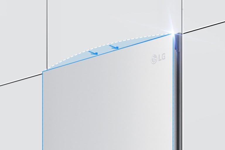 Puerta de frigorífico LG con dise?o elegante y esquinas iluminadas en la parte superior derecha.