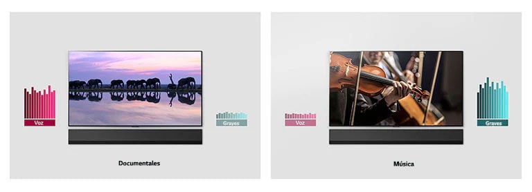 Dos imágenes una al lado de la otra de televisores montados en la pared y barras de sonido. Un televisor muestra elefantes y otro muestra una orquesta. Hay dos gráficos al lado de cada televisor.