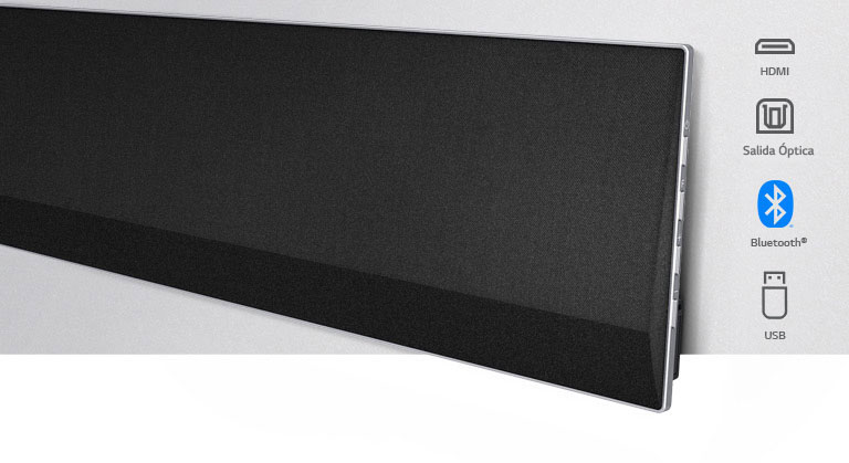 Un primer plano en ángulo del lado derecho de la barra de sonido LG. Los iconos de conectividad se muestran en el lado derecho del producto.