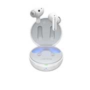 Imagen con auriculares LG TONE Free flotando sobre una base de carga abierta.