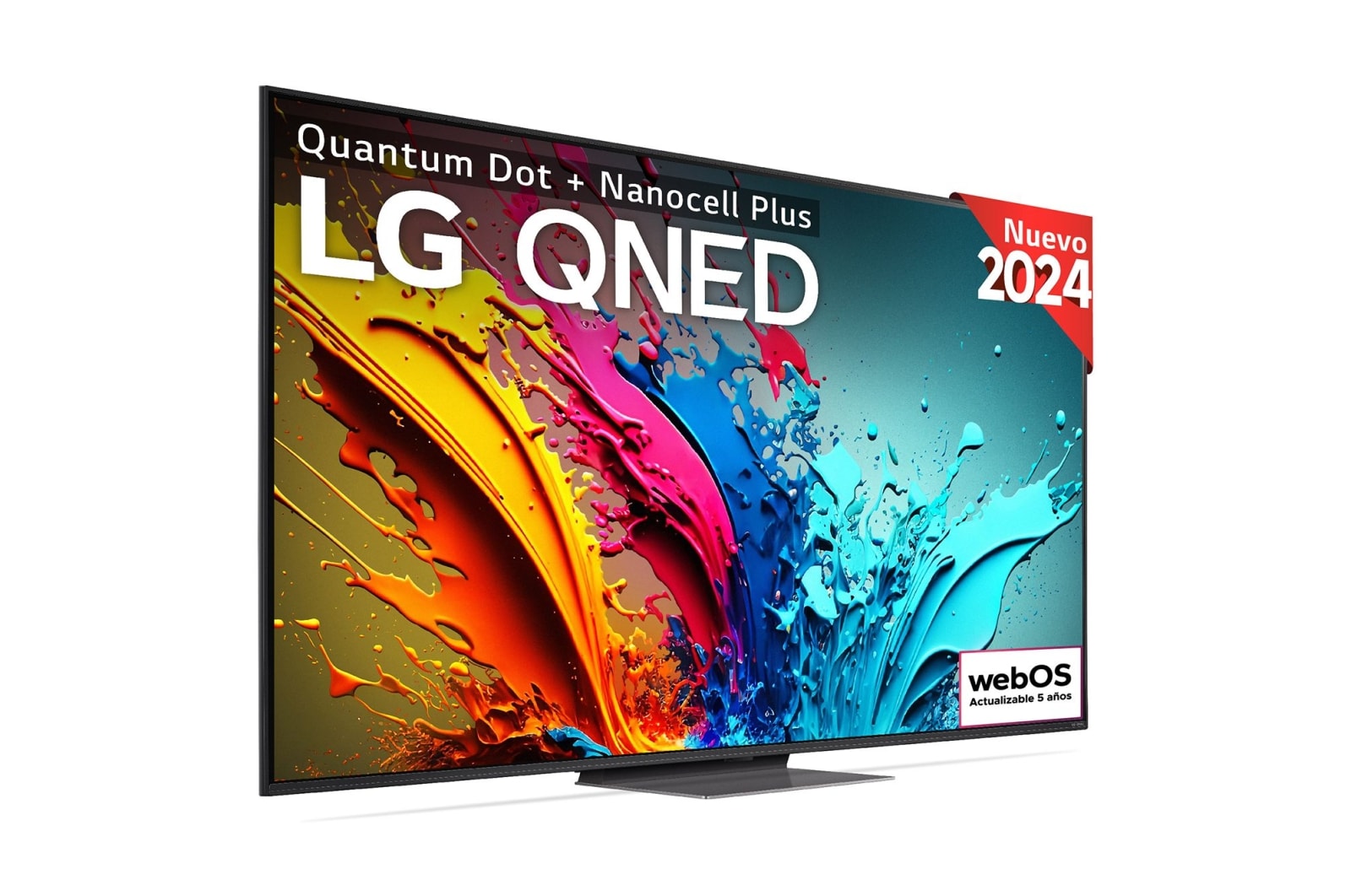 Vista frontal de un televisor LG QNED TV, QNED87 con el texto “LG QNED, 2024” y el logotipo del webOS Re:New Program en pantalla