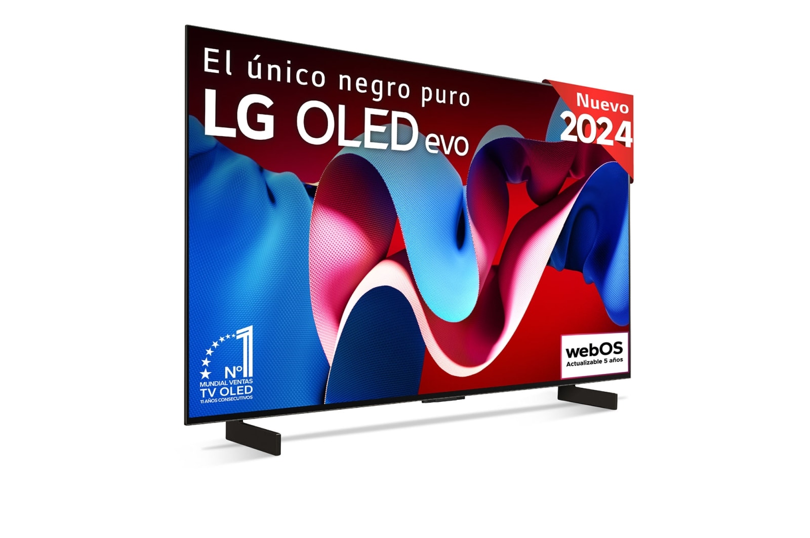 Vista frontal con la televisión LG OLED evo AI, la OLED C4, el emblema de la OLED número 1 del mundo durante 11?a?os y el logotipo del programa webOS Re:New en la pantalla