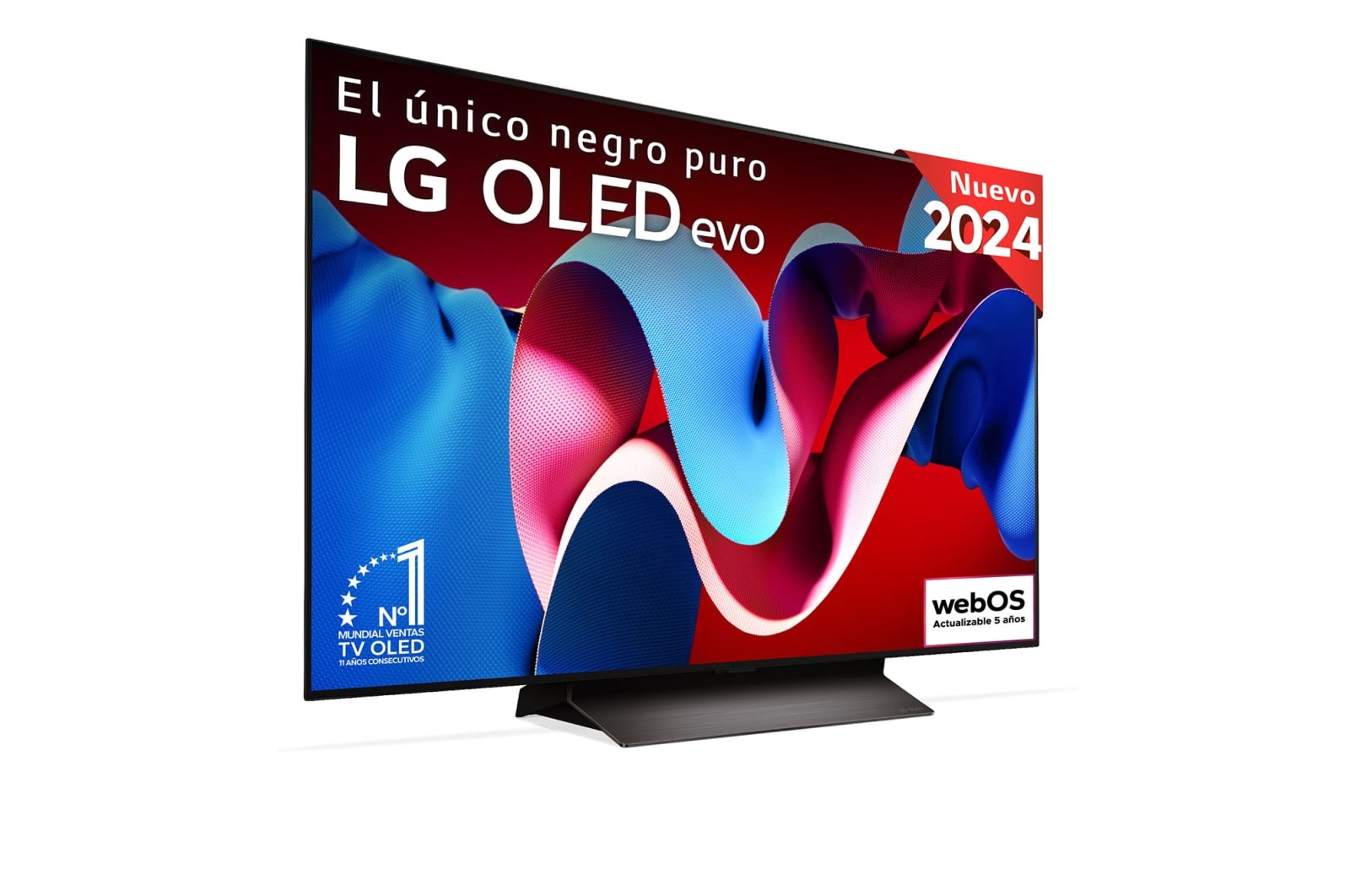 Vista frontal con la televisión LG OLED evo AI, la OLED C4, el emblema de la OLED número 1 del mundo durante 11?a?os y el logotipo del programa webOS Re:New en la pantalla