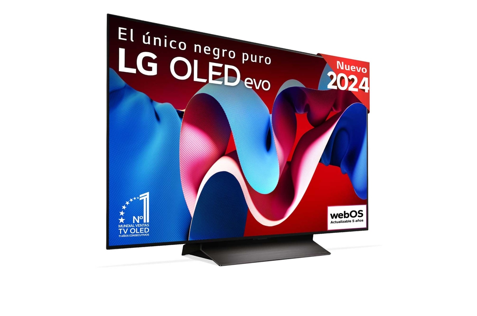 Vista frontal con LG OLED evo TV, OLED C4, logotipo del emblema 11 Years of world number 1 OLED y logotipo del programa webOS Re:New en pantalla