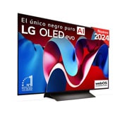 Vista frontal con la televisión LG OLED evo AI, la OLED C4, el emblema de la OLED número 1 del mundo durante 11?a?os y el logotipo del programa webOS Re:New en la pantalla