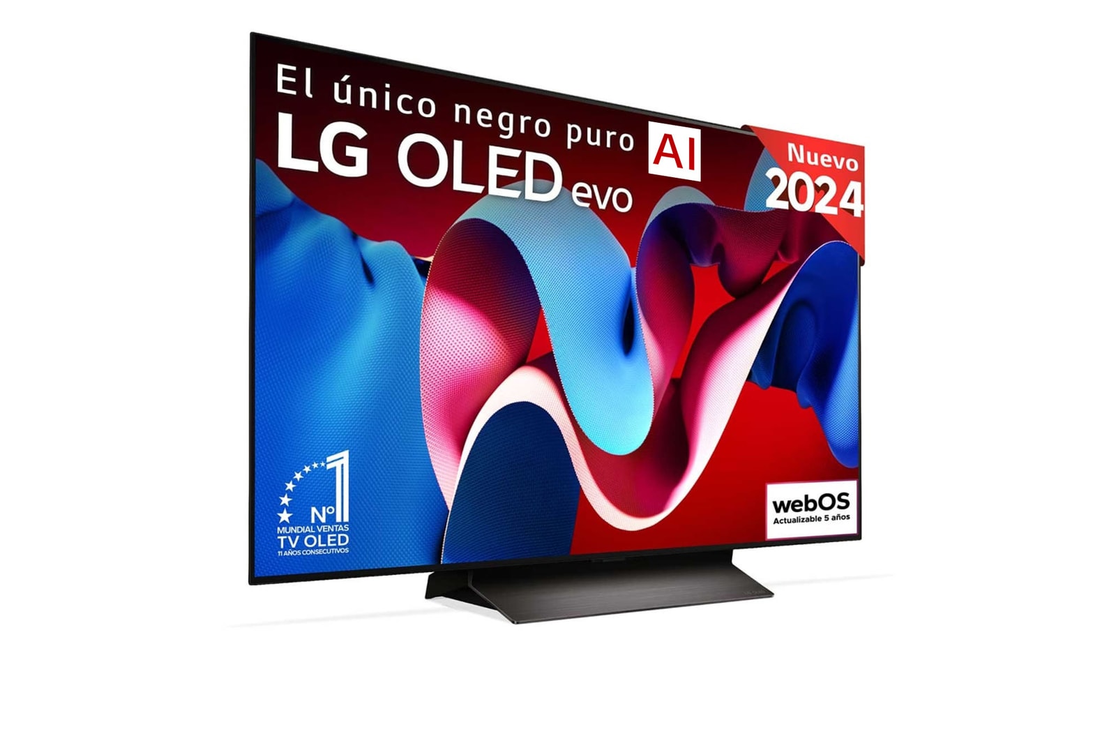 Vista frontal con la televisión LG OLED evo AI, la OLED C4, el emblema de la OLED número 1 del mundo durante 11?a?os y el logotipo del programa webOS Re:New en la pantalla