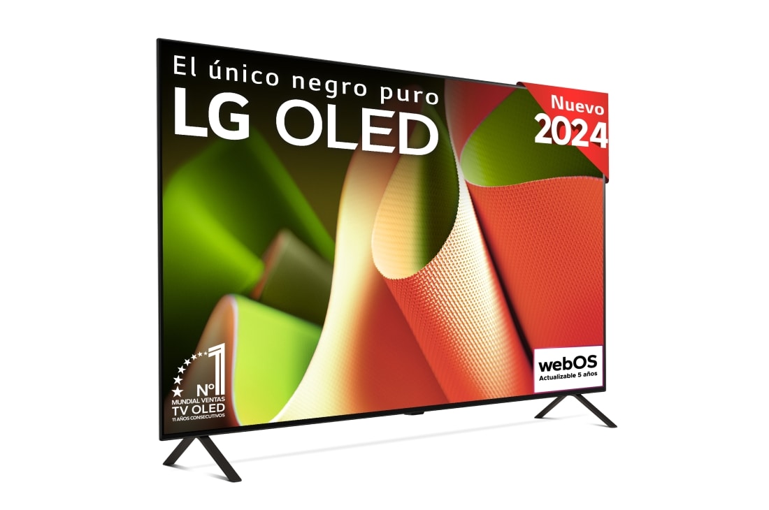 Vista frontal del televisor LG OLED B4 OLED55B46LA, con el emblema de 11 a?os como el número 1 mundial en OLED y el logotipo de webOS en la pantalla, con un soporte de dos polos.